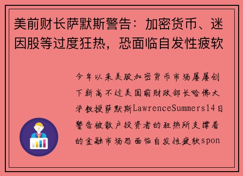 美前财长萨默斯警告：加密货币、迷因股等过度狂热，恐面临自发性疲软