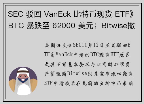 SEC 驳回 VanEck 比特币现货 ETF》BTC 暴跌至 62000 美元；Bitwise撤